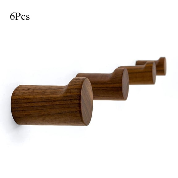 Wood Wall Hooks 6 Pack, Natural Wooden Coat Hooks Wall Mounted, Handmade Rustic Hat Hooks Heavy Duty Entryway Wall Hangers for Hanging Towels, Clothes, Bags (Black Walnut Wood)