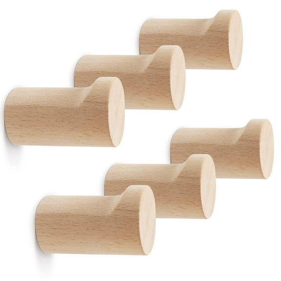 Wood Wall Hooks 6 Pack, Natural Wooden Coat Hooks Wall Mounted
