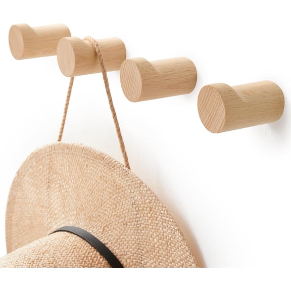 Wood Wall Hooks for Hanging, 4 Pack Rustic Coat Hooks Wall Mount, Handmade Wooden Pegs Hat Hook, Entryway Walls Hanger for Coat Purse, Boho Bathroom Towel Rack (Beech Wood)