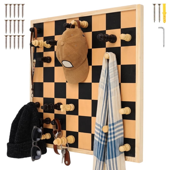Wood Wall Jewelry Organizer with Chessboard Design for Hanging Key Hat