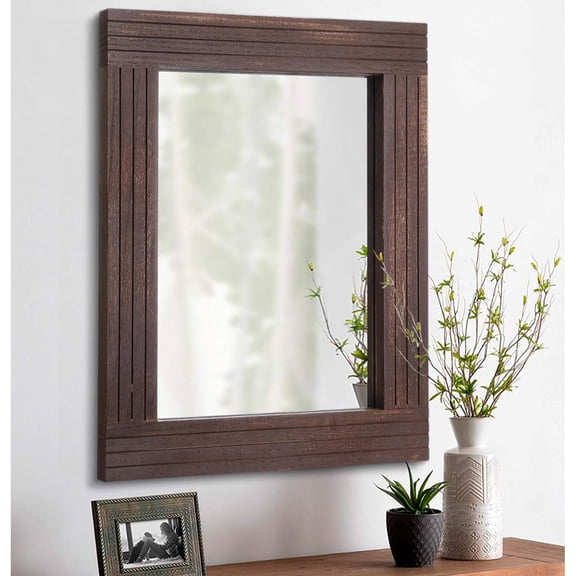 Wood Wall Mirror Rectangular Framed Rustic Vintage Farmhouse Style in Tanned Brown Finish 26"L x 18"W