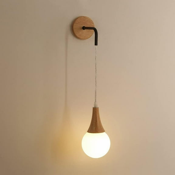 Wood Wall Mount Light Glass Globe Wall Sconce Modern Headboard Lighting Fixture, Wooden Vanity Wall Lamp Raindrop Shaped Wall Sconces for Living Room Bedroom Hallway