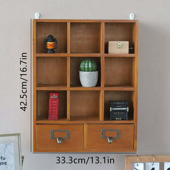 Wood Wall Mounted Box Curio Miniature Shelf with Metal Handle 9 Cube Shadow