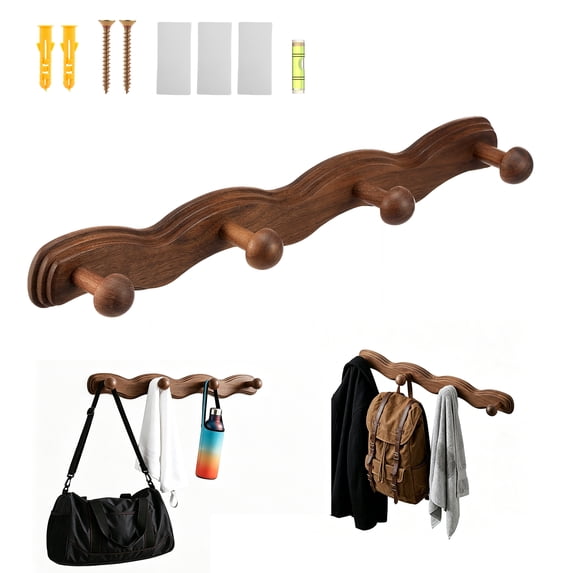 Wood Wall Mounted Coat Rack with 6 Hooks Wooden Hangers Wall Hook for Entryway Bathroom Bedroom Kitchen for Hanging Clothes Keys Robes Purse Towels Bags