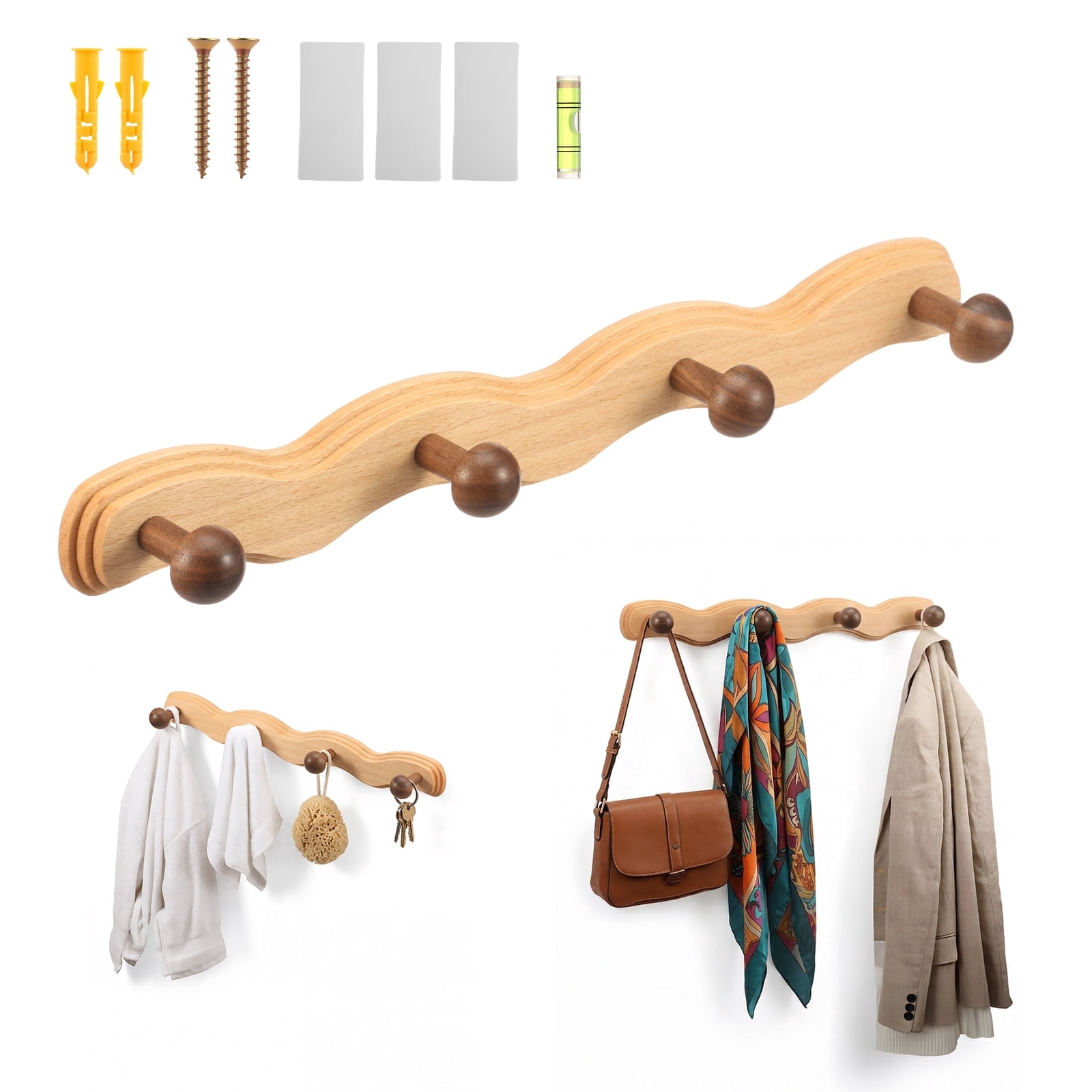 Wood Wall Mounted Coat Rack with 6 Hooks Wooden Hangers Wall Hook for Entryway Bathroom Bedroom Kitchen for Hanging Clothes Keys Robes Purse Towels Bags