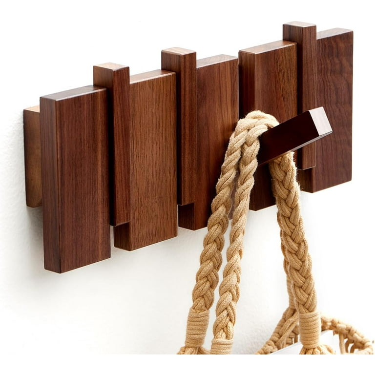 Wood Wall Mounted Coat Rack Coat Rack Wall Mount Flip Down Wall Hook Rack with 4 Hooks Entryway Wall Art Hook for Hanging Coats Keys Hats Towels
