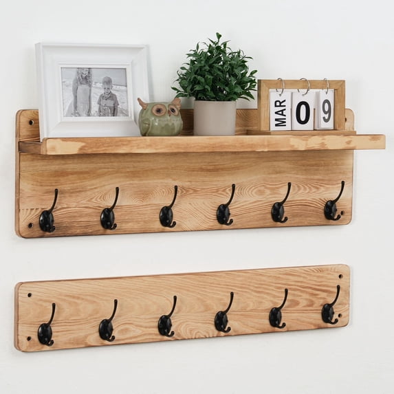 Wood Wall Mounted Coat Rack with Shelf, Hallway Shelf with 12 Coat Hooks,Light Brown