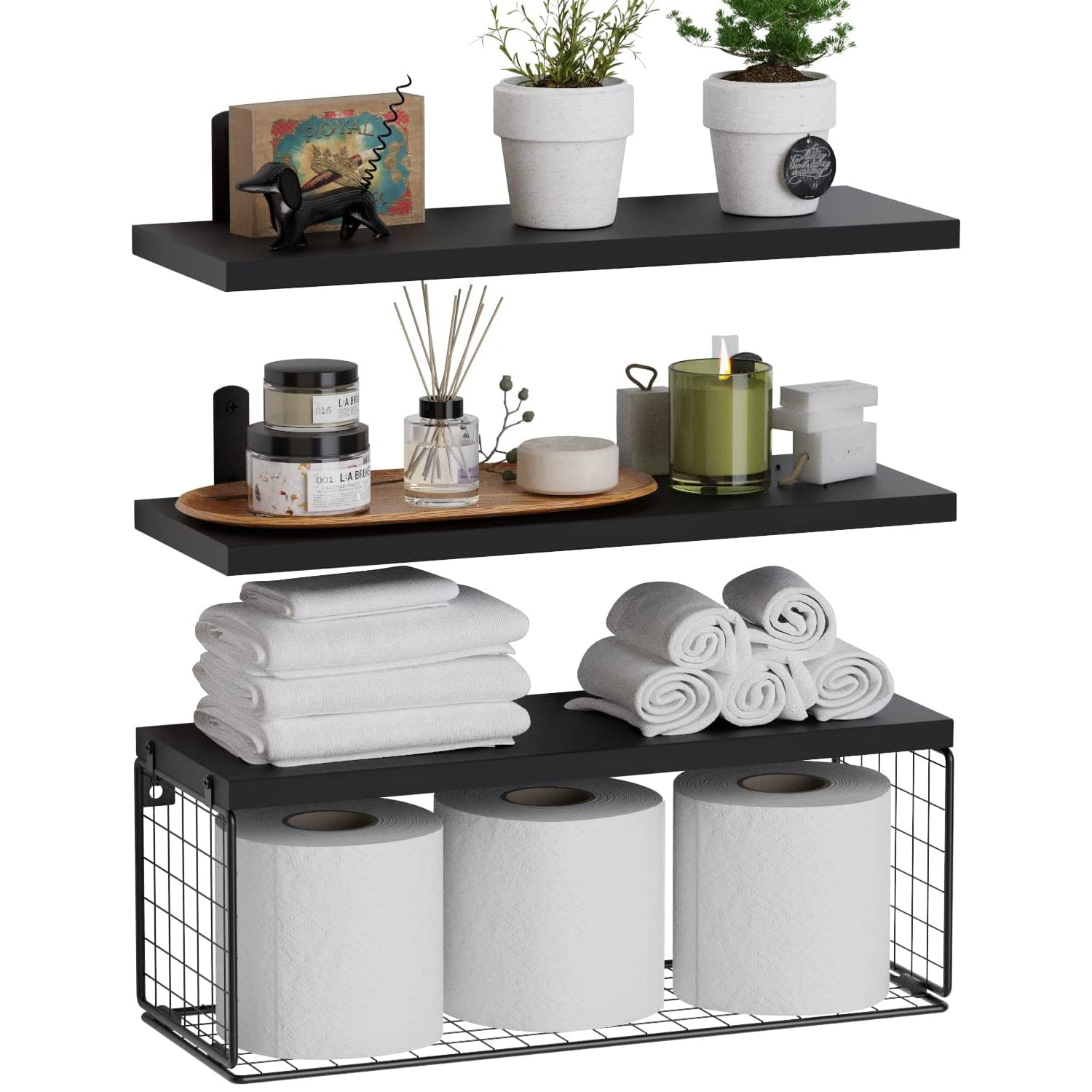 Black Floating Shelves, Solid Wood Wall Mounted Shelves Set of 3, Modern  Black Shelves for Bathroom Kitchen Bedroom Living Room - Black