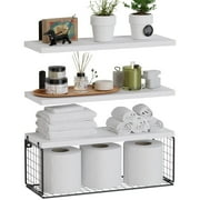 Wood Wall Mounted Floating Shelves Set of 3, UNTIMATY Bathroom Shelves with Storage Basket, Storage Shelves for Bathroom Bedroom Kitchen Living Room, White