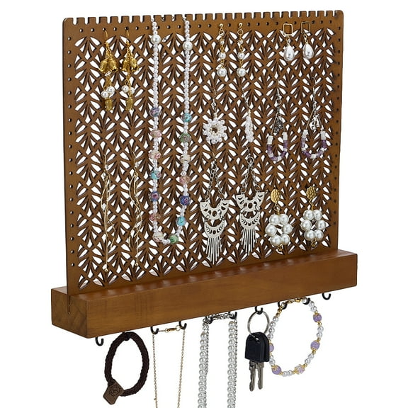 Wood Wall-Mounted Jewelry Hanging Racks for Earrings Bracelets Necklaces Organizer Holder with Hanger Hooks Saddle Brown Finished Product: 29.5x26.5x5.45cm
