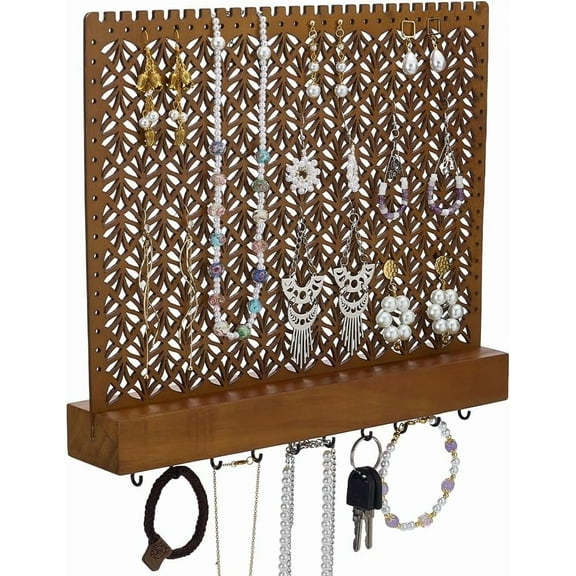 Wood Wall-Mounted Jewelry Hanging Racks Saddle Brown Jewelry Holder with Hanger Hooks Wooden Wall Hanging Organizer for Earring Bracelets Necklaces Organizer Holder Clear DIY