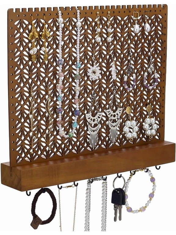 Wood Wall-Mounted Jewelry Hanging Racks Saddle Brown Jewelry Holder with Hanger Hooks Wooden Wall Hanging Organizer for Earring Bracelets Necklaces Organizer Holder Clear DIY