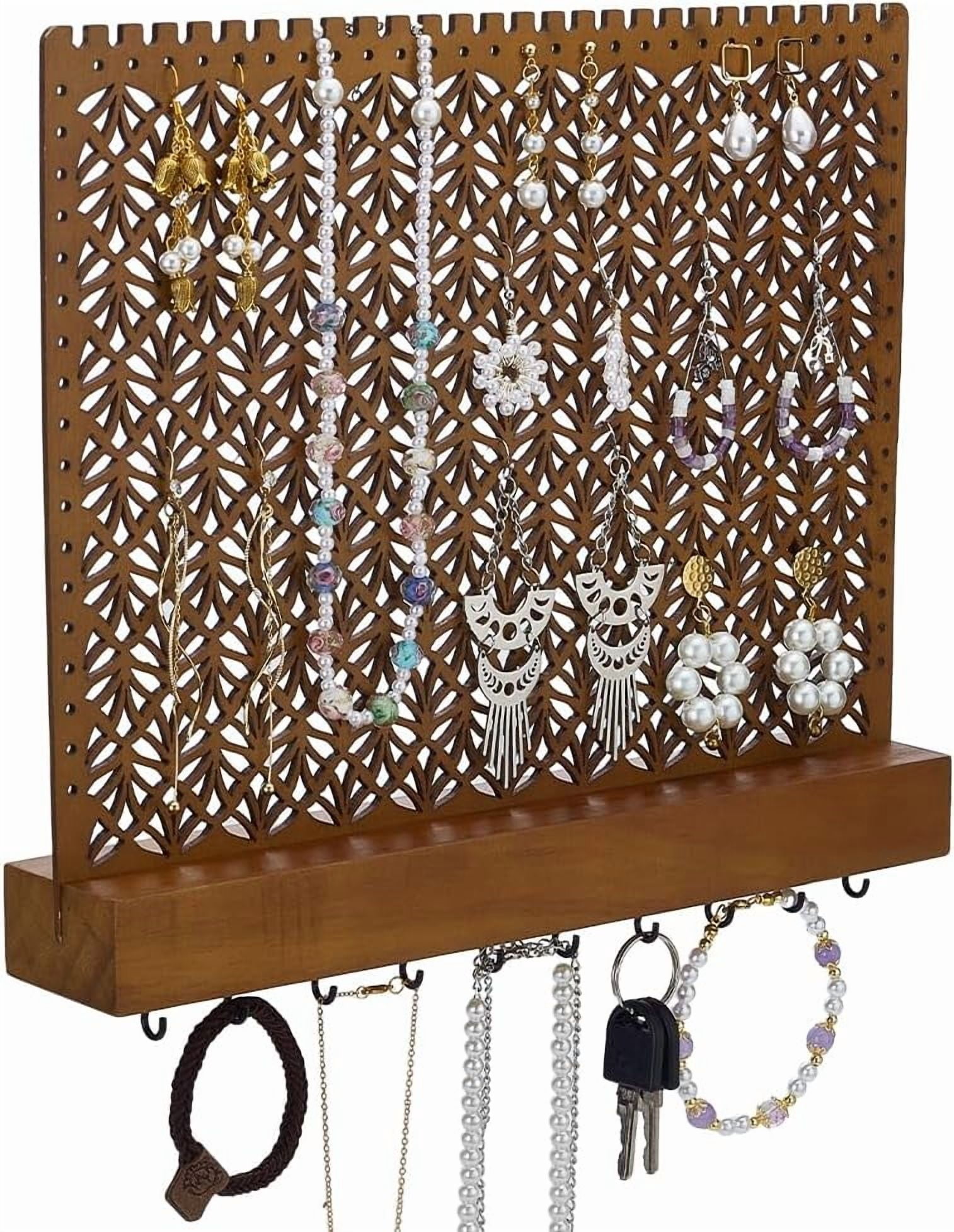 Wood Wall-Mounted Jewelry Hanging Racks Saddle Brown Jewelry Holder with Hanger Hooks Wooden Wall Hanging Organizer