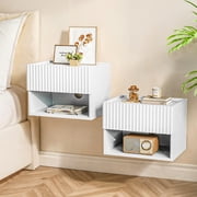 Wood Wall-Mounted Nightstand Set of 2 with Drawer Space Saving Floating Bedside Table for Bedroom, Living Room, Hallway or Entryway, White