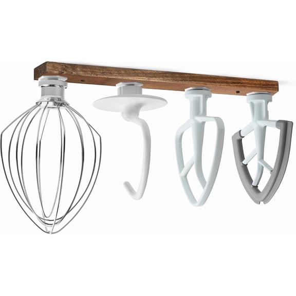 Wood Wall Mounted Stand Mixer Attachment Holder, Walnut | 4-Pack Plastic Hangers, Compatible with Kitchenaid Mixer, Space-saving