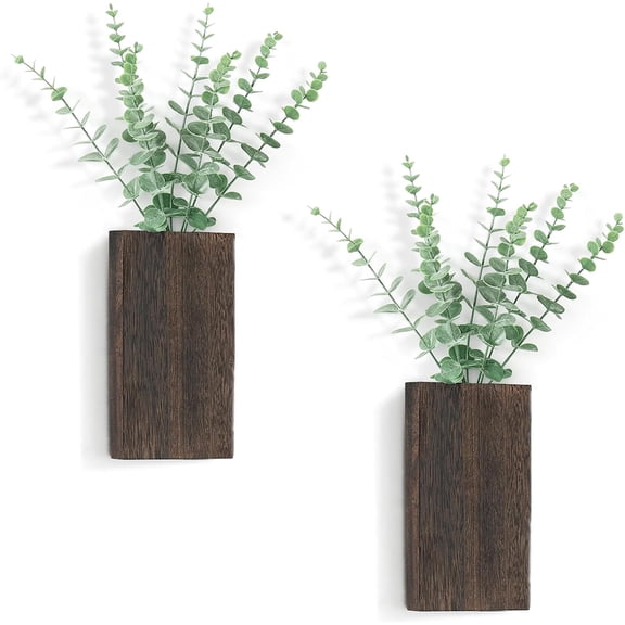 Wood Wall Planter Set (2-Pack), Hanging Wood Vases with Fake Eucalyptus for Indoor Decoration, Farmhouse Wall Pocket for Office and Home Decor