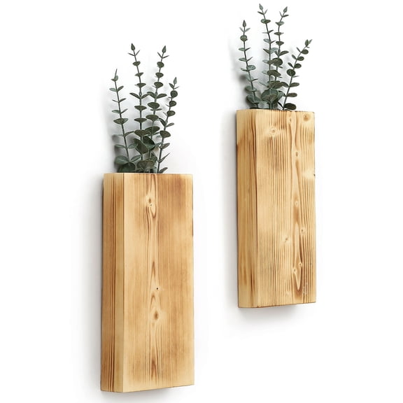 Wood Wall Planter Set of 2, Wood Wall Pocket for Greenery and Dried Flowers, Indoor Wood Hanging Vase, Modern Farmhouse Wall Decor for Living Room Bedroom Office Eucalyptus Stems Decorations (Natural)