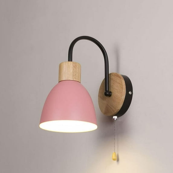 Wood Wall Sconce with Pull Chain Switch Nordic Hardwired Wall Lamp, Bedroom Bedside Wall Mount Light, Modern E27 Wall Lamps Headboard Lighting for Study Room Living Room