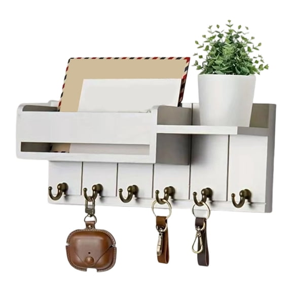 Wood Wall With 6 Hooks And 7 Slots For Mail Keys Storage
