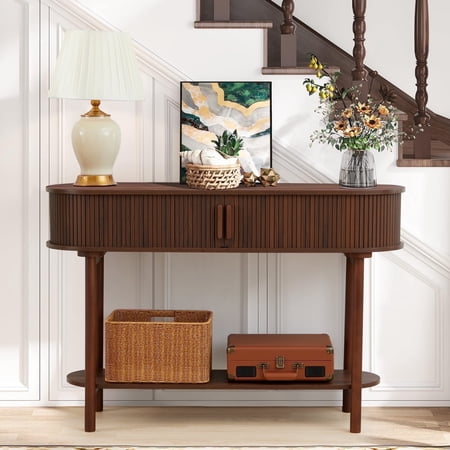 Wood Walnut Console Table with Door, 2-Tier Modern Sofa Table for Living Room, Narrow Sofa Table with Sliding Door and Open Storage Wirrytor Shelf, Hallway Table and Behind The Couch Table