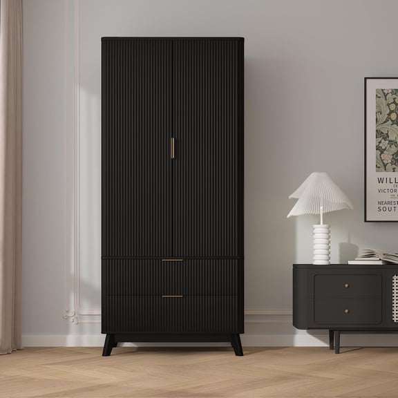 Wood Wardrobe Closet, 71" Wood Bedroom Armoire with 2 Doors, 1 Adjustable Shelf and 2 Drawers, Wardrobe Cabinet with Hanging Rod for Bedroom, Gym, Cloak Room