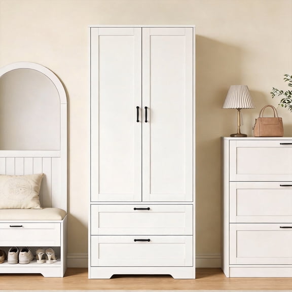 Gyger 63.5 " Armoire Wardrobe Closet with Hanging Rod and 2 Drawers,Freestanding Armoire Storage Cabinet,Modern Wooden Wardrobe for Bedroom,White