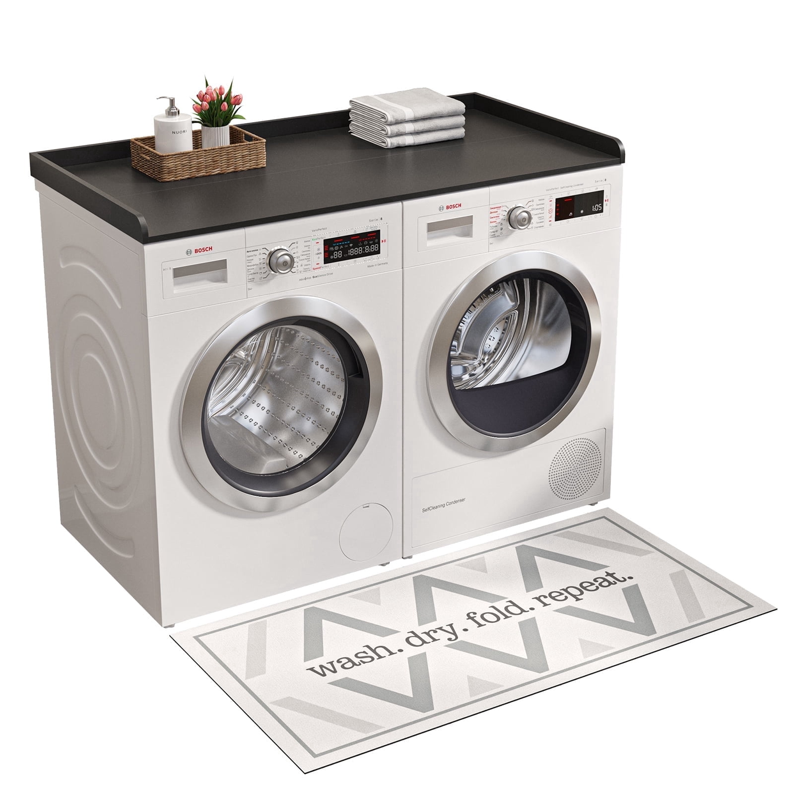 Wood Washer Dryer Countertop with Anti-Slip Pad, 27.6" D x 54" W Dryer Covers for The Top with Edge Rails, Washer Dryer Topper for Laundry Room, Black