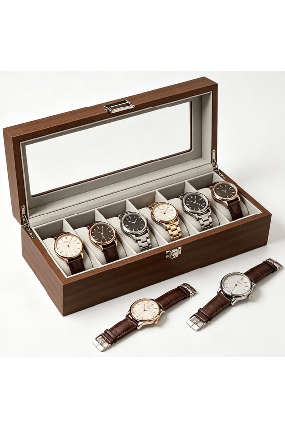 Wood Watch Box, 6 Slot Watch Case with Soft Pillow, Watch Display Case with Glass Lid, Watch Holder Organizer, Watch and Jewelry Storage, Gift Ideas
