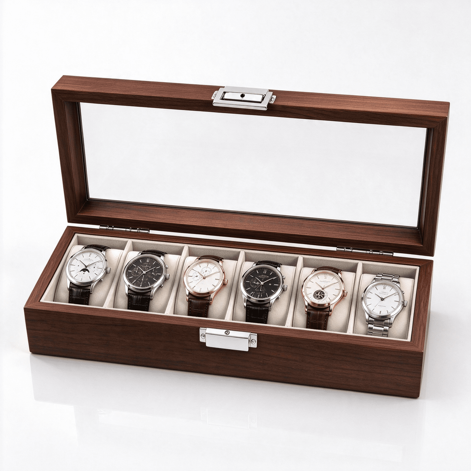 Wooden Watch Organizer Box, 6Slot Watch & Jewelry Storage Case with Glass Lid and Soft Pillows,Gift Idea