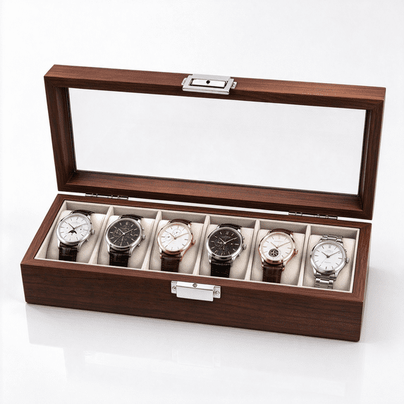 Wooden Watch Organizer Box, 6‑Slot Watch & Jewelry Storage Case with Glass Lid and Soft Pillows,Gift Idea