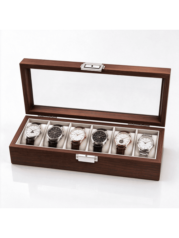 Wooden Watch Organizer Box, 6Slot Watch & Jewelry Storage Case with Glass Lid and Soft Pillows,Gift Idea