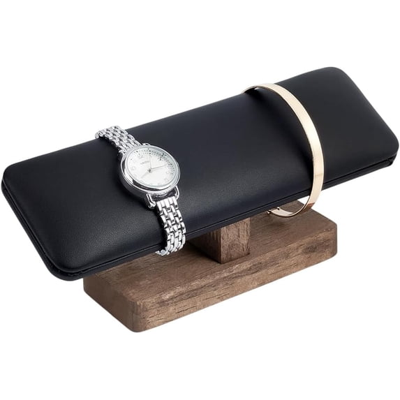 Wood Watch Display Stand 7.8x2.36x3.35inch T-Bar Bracelet Display Stands with Wooden Base Rectangle Bracelet Organizer Holder Watch Display Tower for Home Retail Display Black Imitation Leather