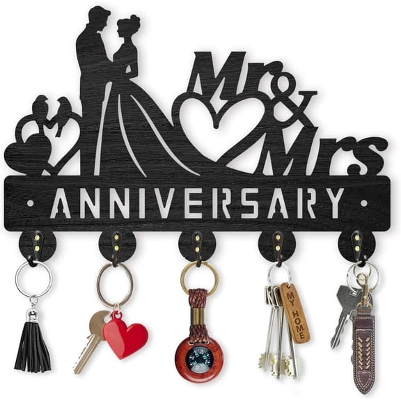 Wood Wedding Love Key Hook Wall Mounted Mr Mrs Love Anniversary Key Holder 11.87.9inch Bride and Groom Key Hanger 5 Alloy Hooks for DIY Wedding Gifts Entryway Bedroom Living Room Home Decor