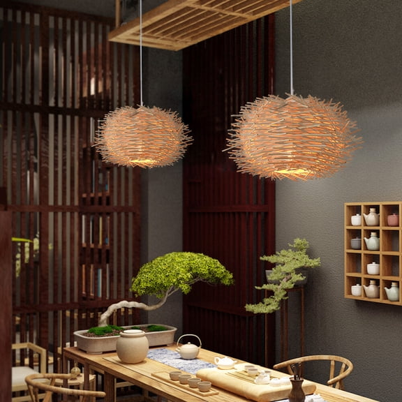 Wood&White Ceiling Mount Handmade Rattan Woven Pendant Light Bird Nest Hanging Lamp Chandelier