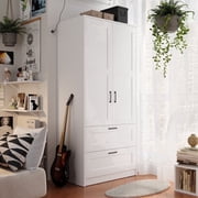 Wood White Wardrobe Closet with 2 Doors and 2 Drawers，Bedroom Freestanding Armoire Storage Cabinet with Shelves，Wooden Wardrobe Combination for Hanging Clothes