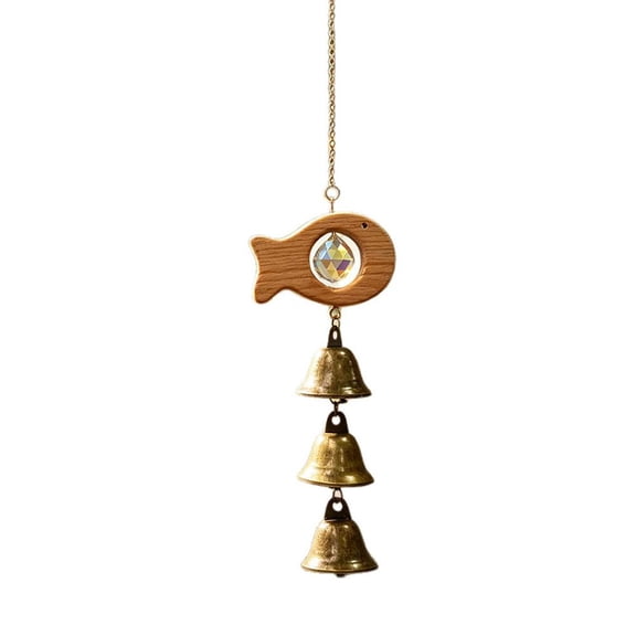 Wood Wind Chimes with Crystal Sun Catcher, 35cm Vintage Alloy Bell Hanging Decor, Rainbow Prism Window Hanging Ornament for Garden, Balcony, Patio & Meditation Space(Fish)