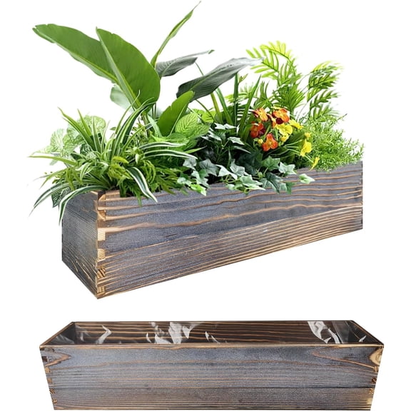 Wood Window Box Planter, 2 Pcs Rectangular Planter Boxes with Removable Plastic Liners, Herb Succulents Flowers Wooden Pot for Windowsill, Rustic Wedding Garden Table Decor, 17.3 x 3.9 x 3.9 Inches