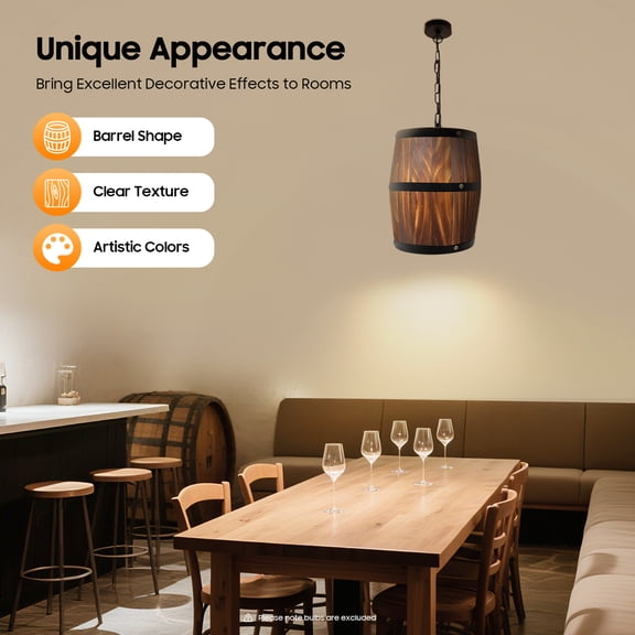Wood Wine Barrel Hanging Light Ceiling Lamp Pendant for Bedrooms, Wine Cellars, Kitchens, Bars, Cafes (Bulb Not Included)