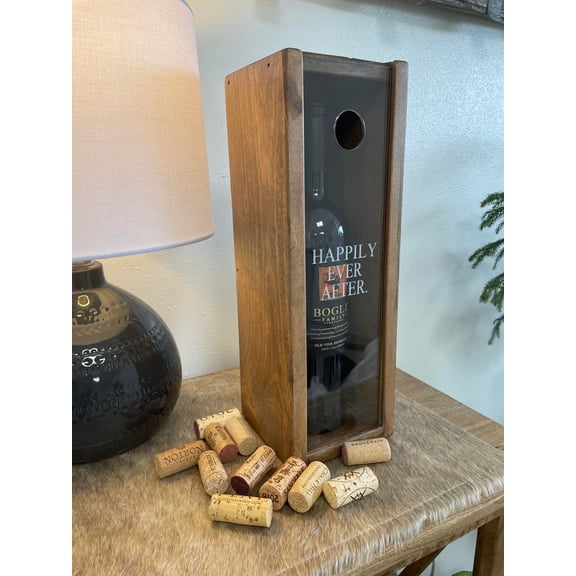 Wood Wine Bottle Gift Box or Cork Holder with Inscription "Happily Ever After"