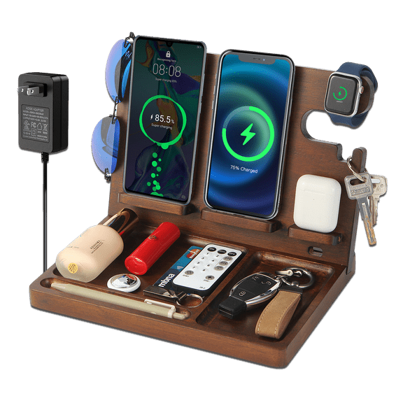 Wood Wireless Charging Station,Desk Organizer with 3 in 1 Charging Station Apple, 2 Phone Wireless Charger Station Compatible with Apple Watch,Airpods,Phones Multiple Devices,Gifts for Men