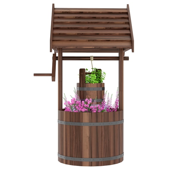 Wood Wishing Well for Outside with Hanging Bucket, Wishing Well Planter with Drain Hole for Garden Patio, Carbonized