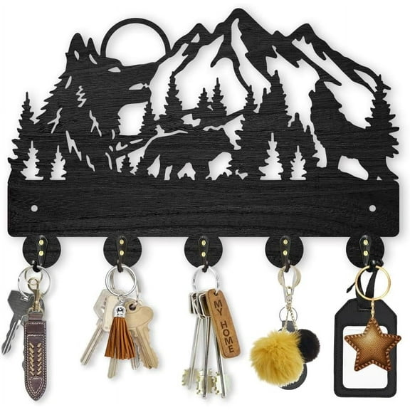 Wood Wolf Forest Coat Rack Wall Mount Mountain Tree Key Holder for Wall Animal Sun Wall Hook 11.87.9inch Decorative Bear Hook 5 Alloy Hooks for diy making