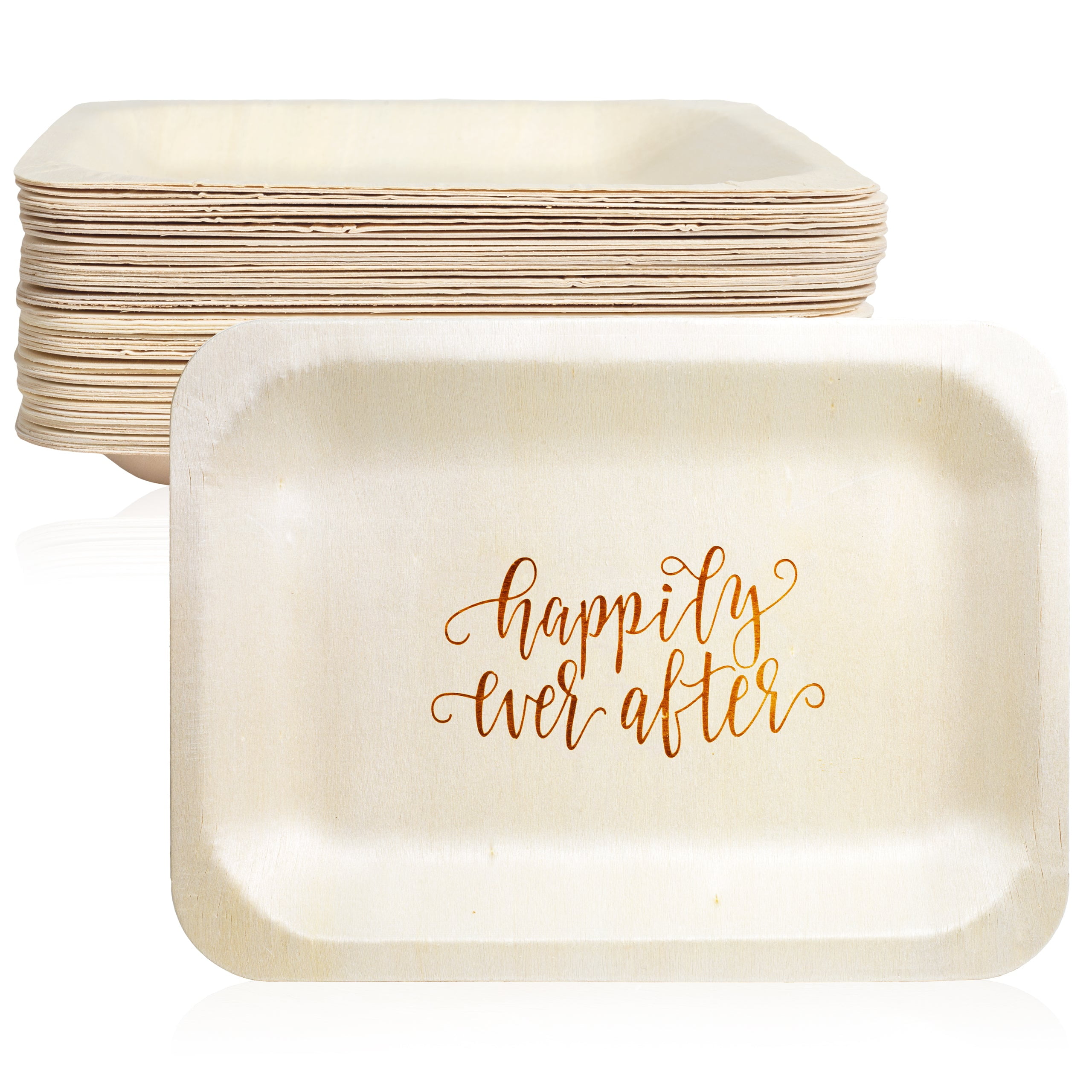 Happily Ever After Rustic Compostable Wood Wedding Plates - 50 Pack