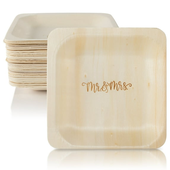Wood & Wonder 50 Piece Mr. & Mrs. Fancy Disposable Wood Wedding Plates