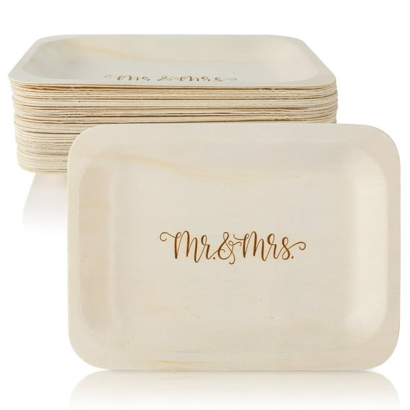 Wood & Wonder 50 Piece Mr. & Mrs. Fancy Disposable Wood Wedding Plates