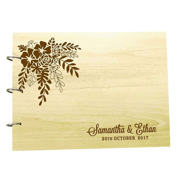 Wood Wooden Floral Engraved Bride & Groom Advice Book Personalized Rustic Wedding Guest Book