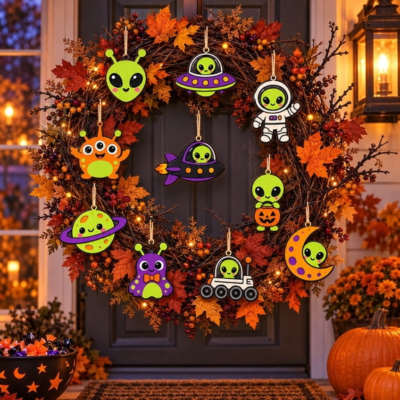 Wood Wooden Garland Set of 10, Cute Alien UFO Halloween Designs for Spooky Tree Display, Space Fan Gift
