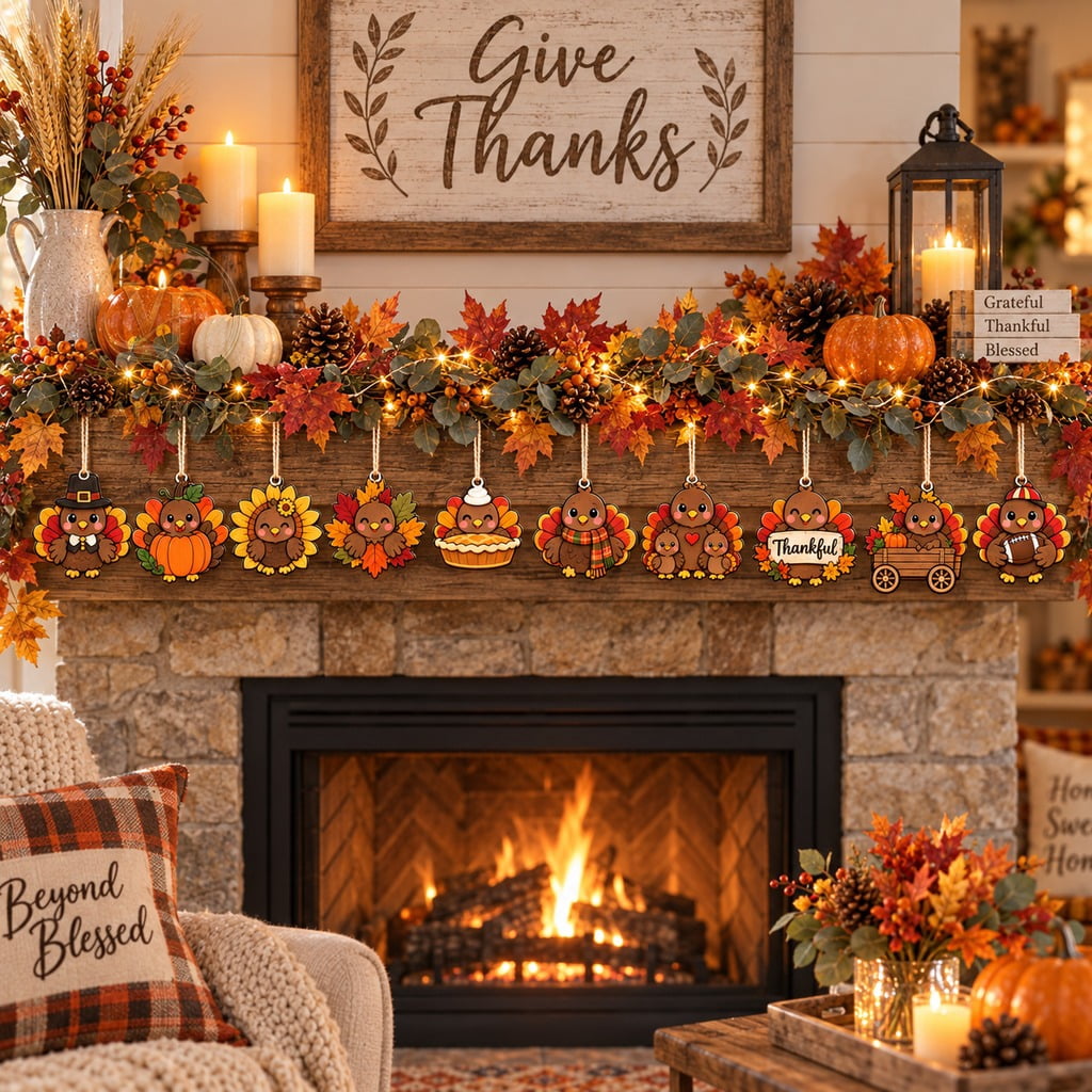 Wood Wooden Garlands Set of 10 Cute Turkey Designs for Fall Displays ...