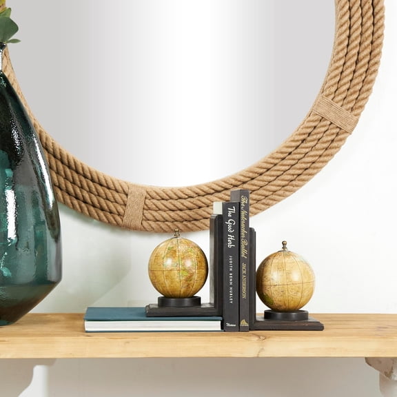 Wood World Map Decorative Bookends  Non Skid Bookends, Set of 2 Office Bookends 8"H, 6"W, Brown