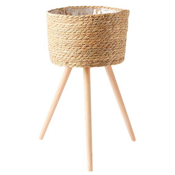 LEDMOMO Rustic Style Wooden Planter Holder with Woven Flower Pot Rack for Home